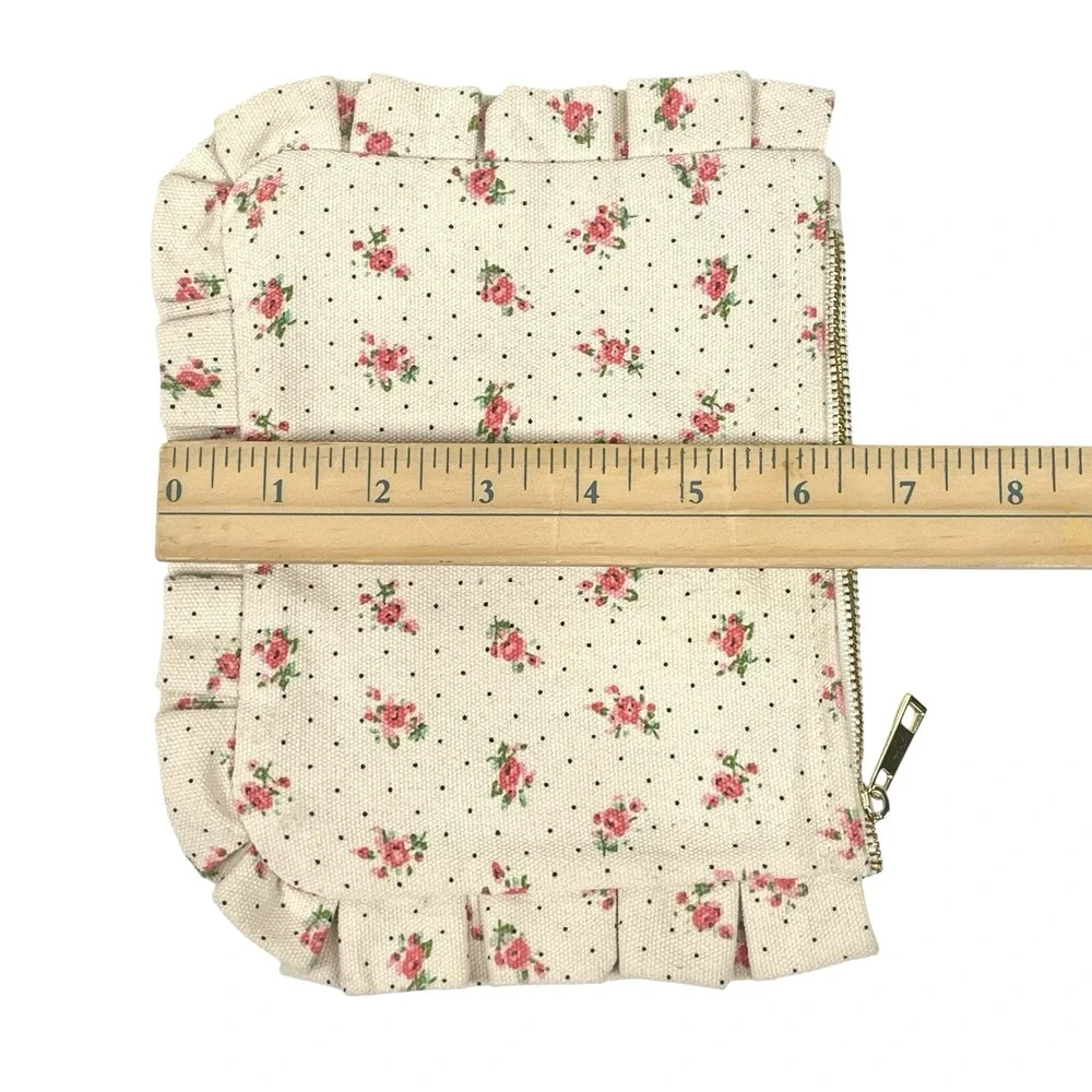 Sezane Pink Floral Ruffle Trim Small Cosmetic Makeup Bag Victorian Cottagecore